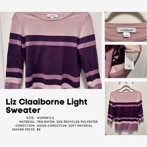 Liz Claiborne Dusty Pink and Deep Purple Striped Crewneck Sweater